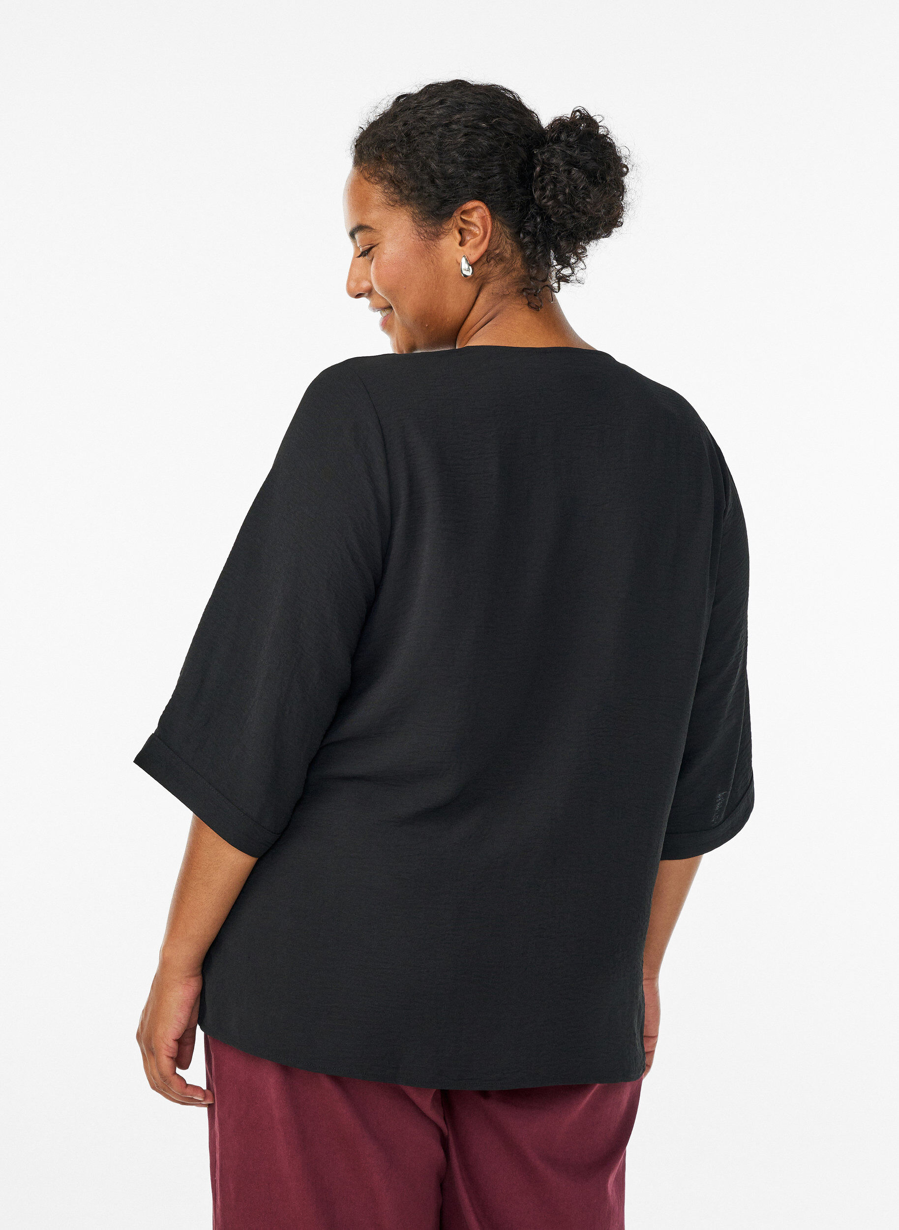 ZizziShirtblouse met V-hals en 3/4 mouwen, Zwart, Model image number 2