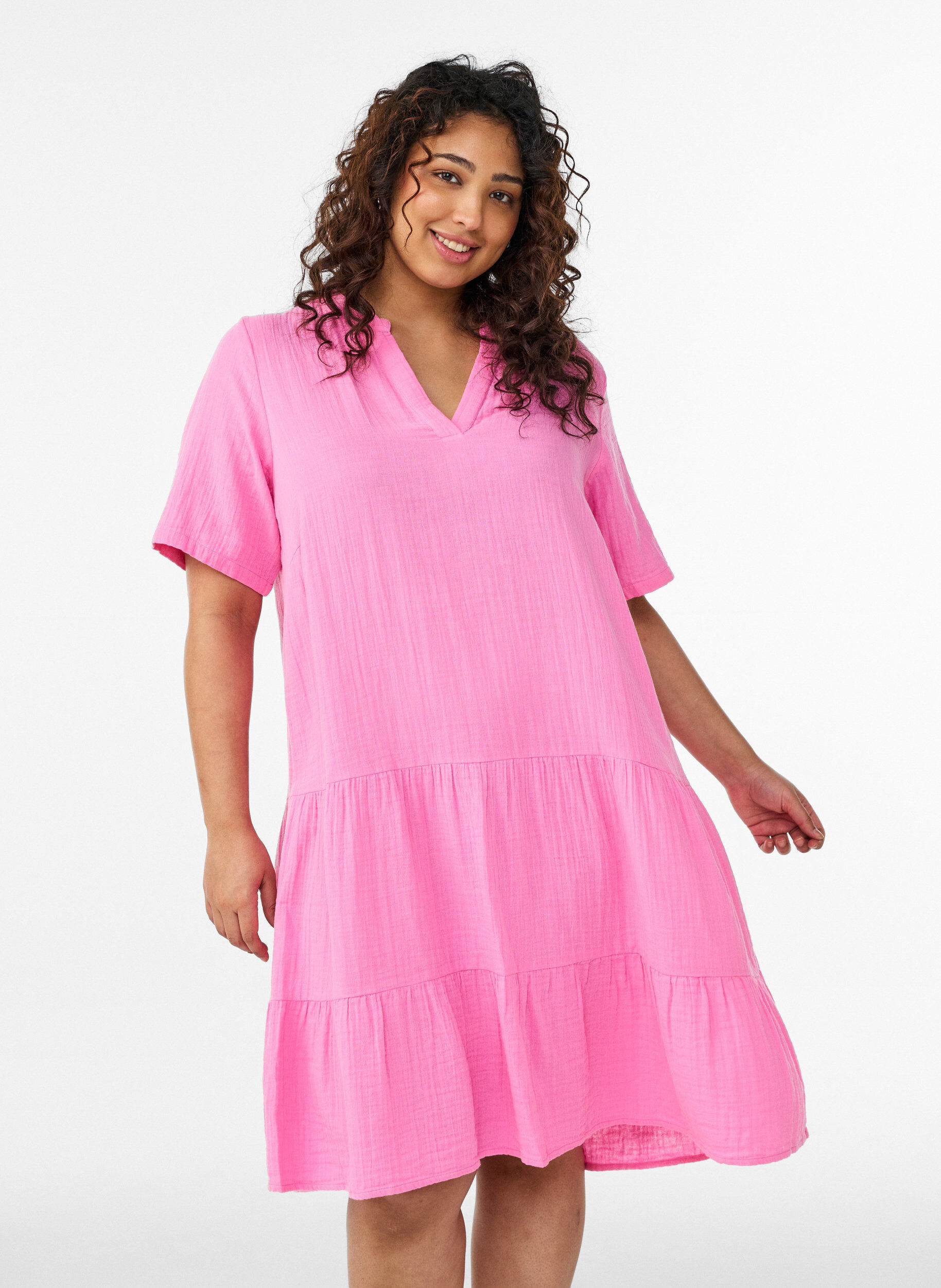 Korte A-lijn jurk in katoenen mousseline, Roze, Model