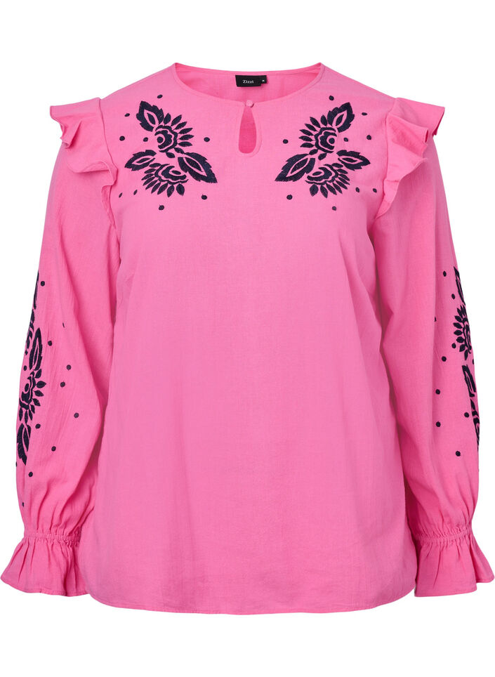 Katoenen blouse met borduursel en ruches, Roze, Packshot image number 0