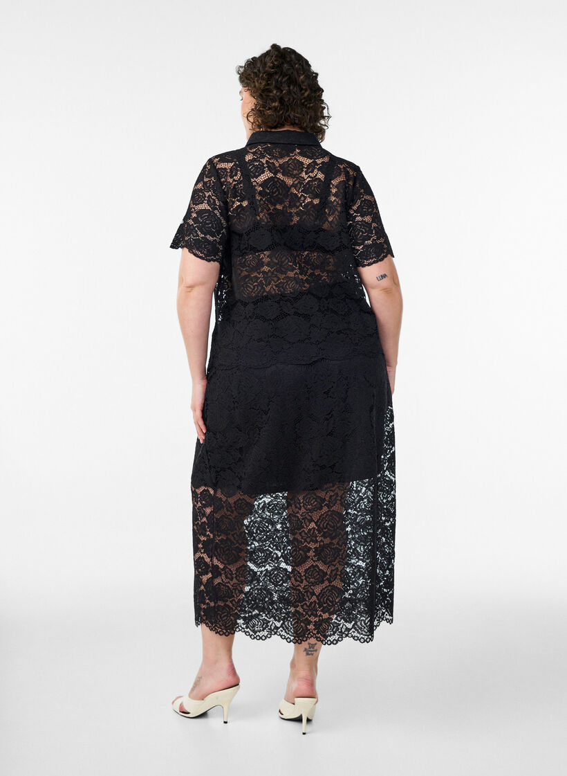 Kanten midirok met een elastische tailleband, Zwart, Model image number 1