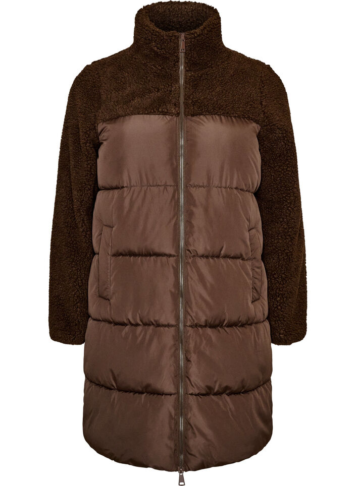 Halflange pufferjas met teddystof, Bruin, Packshot image number 0