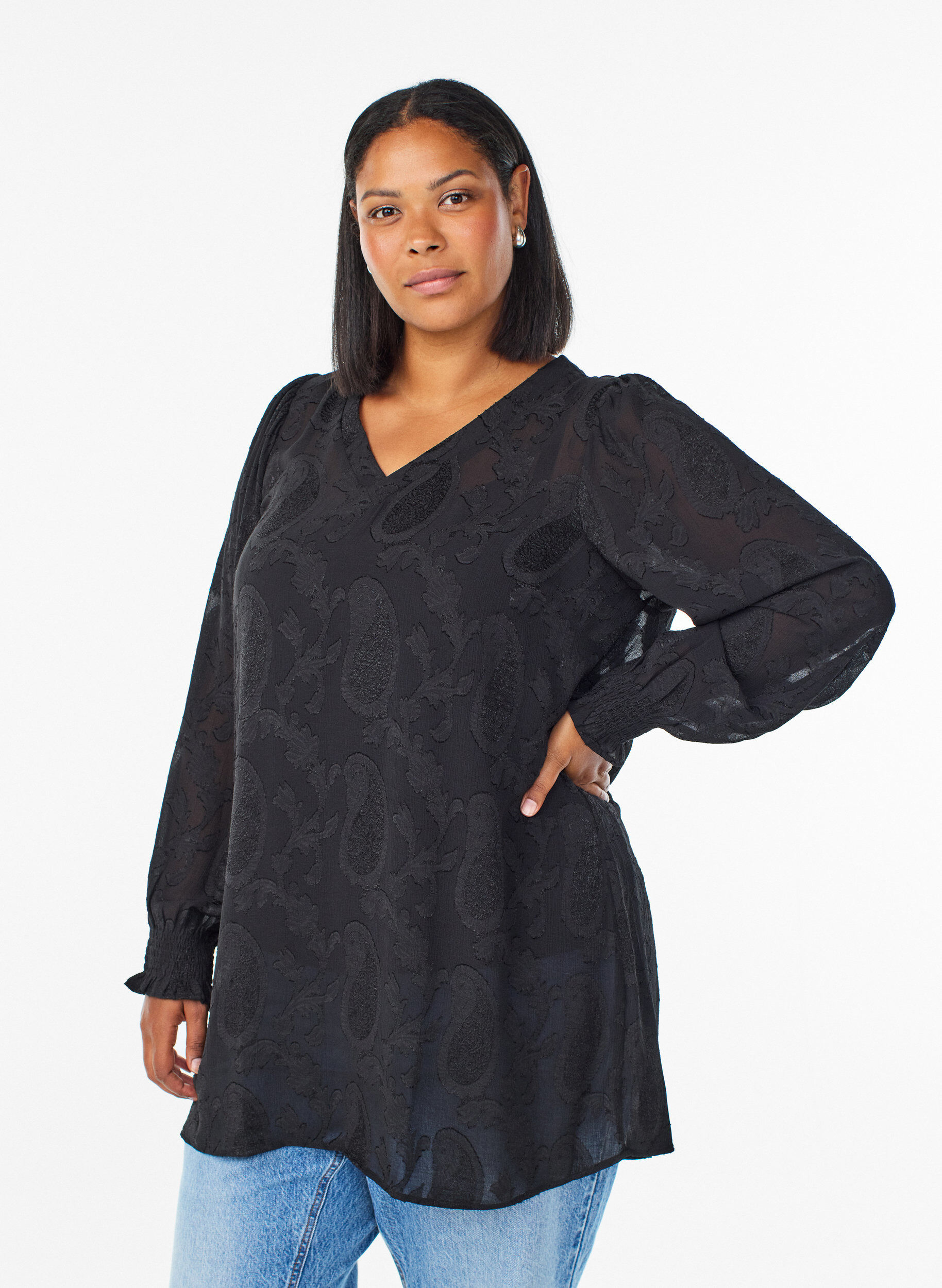 Tunic met paisleytextuur en lange mouwen, Zwart, Model