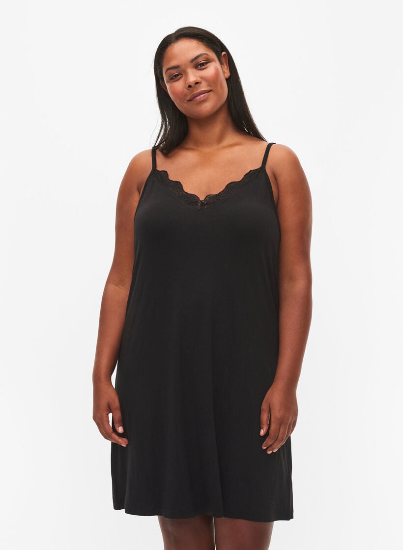 Pyjama jurk met kanten rand in viscose, Zwart, Model image number 0