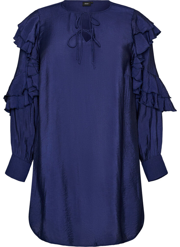 Viscose jurk met ruches en strikbandjes, Blauw, Packshot image number 0