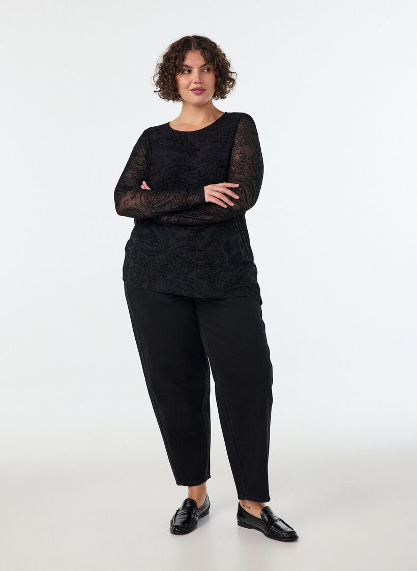 Mesh blouse met paisleyprint en asymmetrische zoom, Zwart, Model image number 1