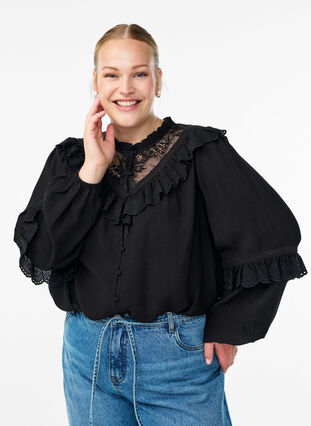 ZizziViscose blouse met kant en ruches, Black, Model image number 0