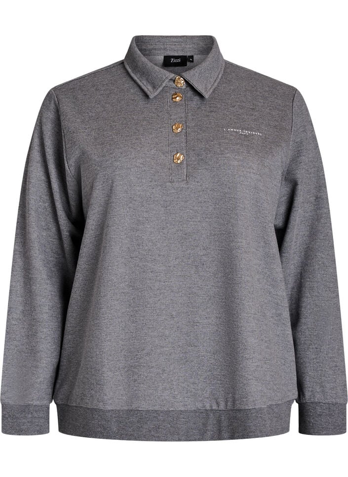 Polo met lange mouwen met decoratieve knopen, Medium Grey Melange, Packshot