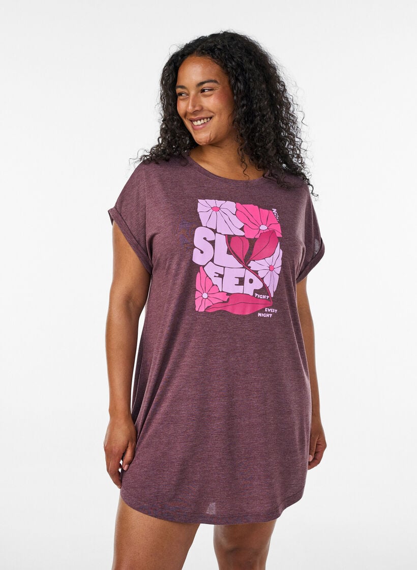 Nachtjapon met korte mouwen en tekstopdruk, Donker Bordeaux, Model image number 0
