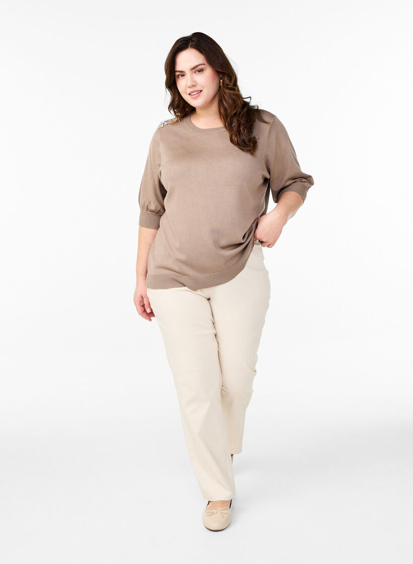 Gebreide blouse met korte mouwen en kleine strikken, Desert Taupe, Model