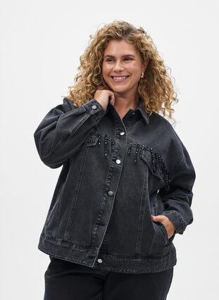 ZizziSpijkerjack met parelfranjes, Grey Denim, Model image number 0