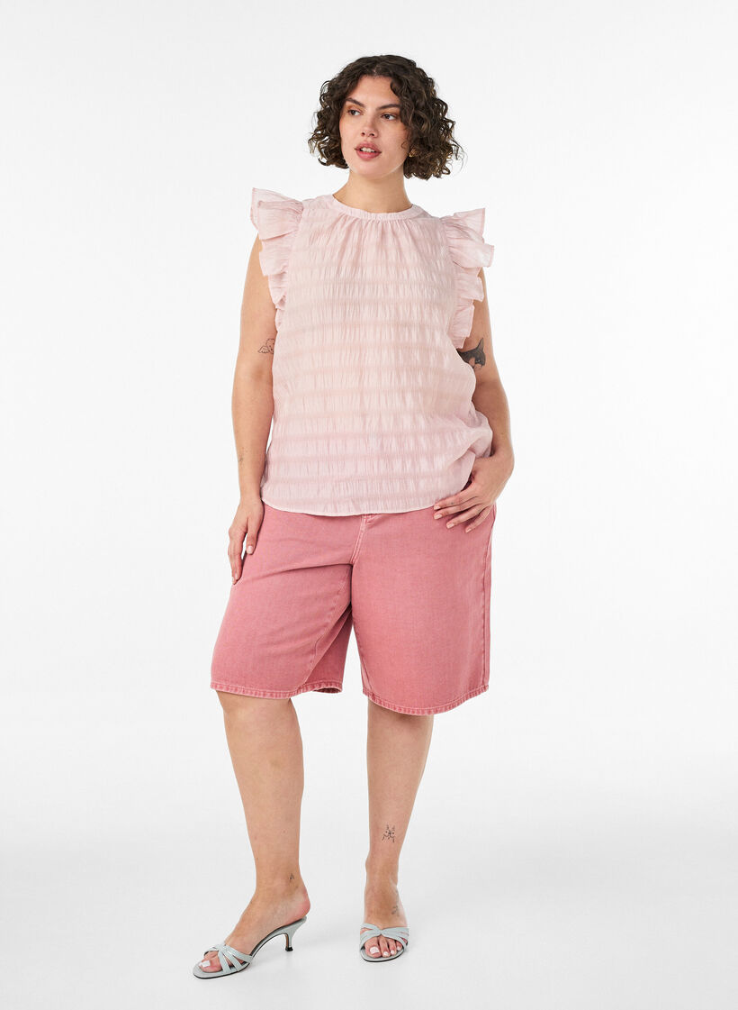 Blouse met textuur en ruches zonder mouwen, Roze, Model image number 1