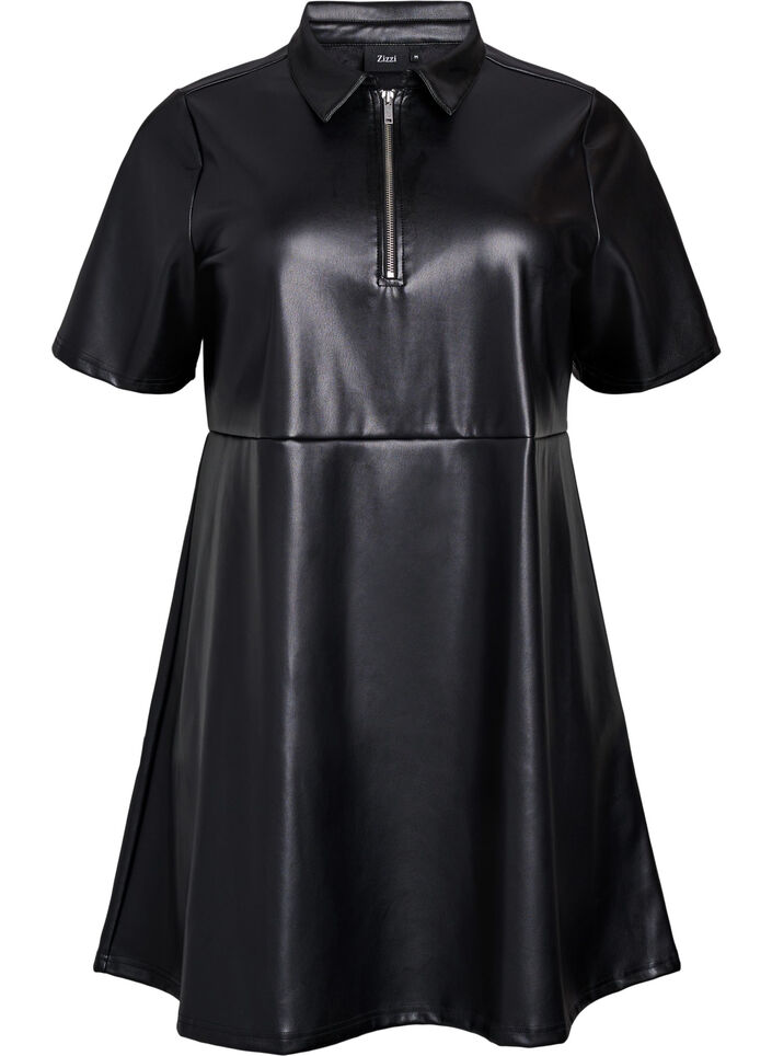 Korte jurk in imitatieleer met een A-lijn vorm, Black, Packshot