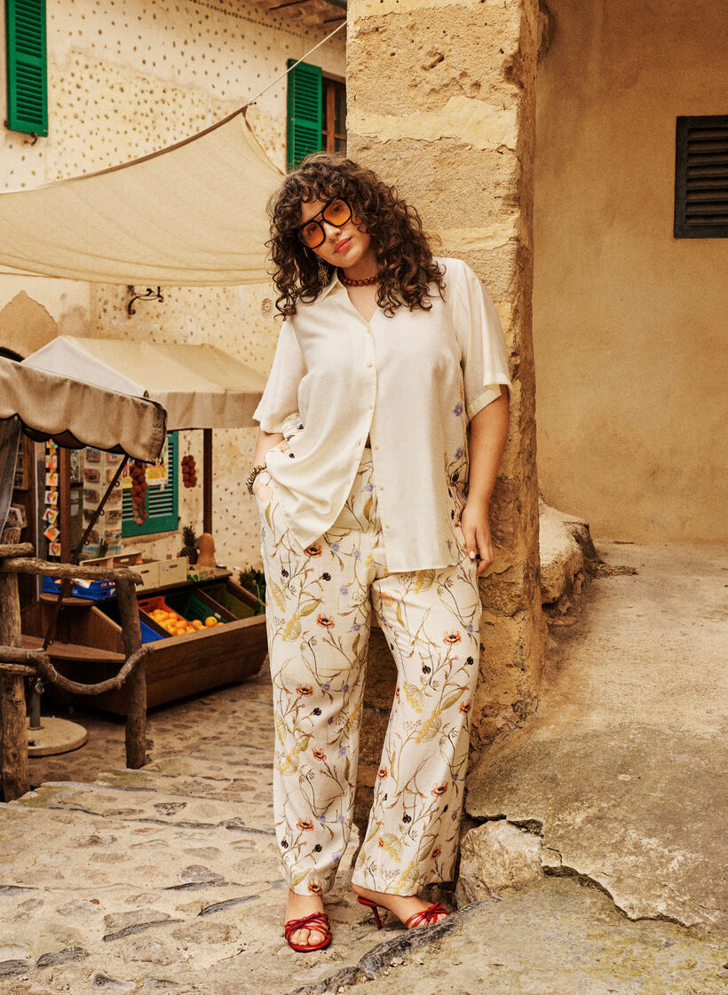 High-waist viscose broek met bloemenprint, Beige, Image