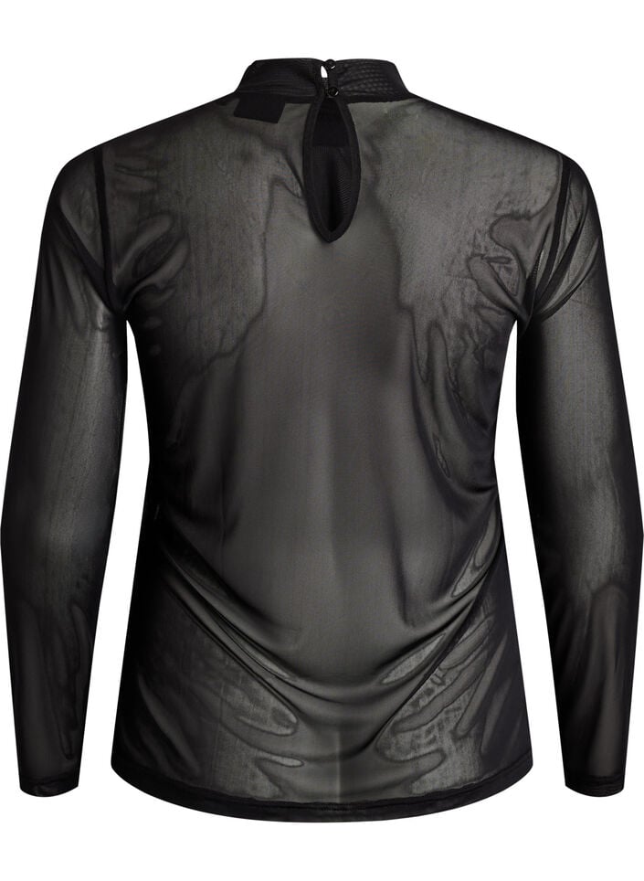Getailleerde blouse van mesh met lange mouwen, Zwart, Packshot image number 1