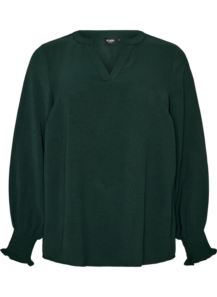 Blouse met smockmanchetten en V-hals, Groen, Packshot image number 0