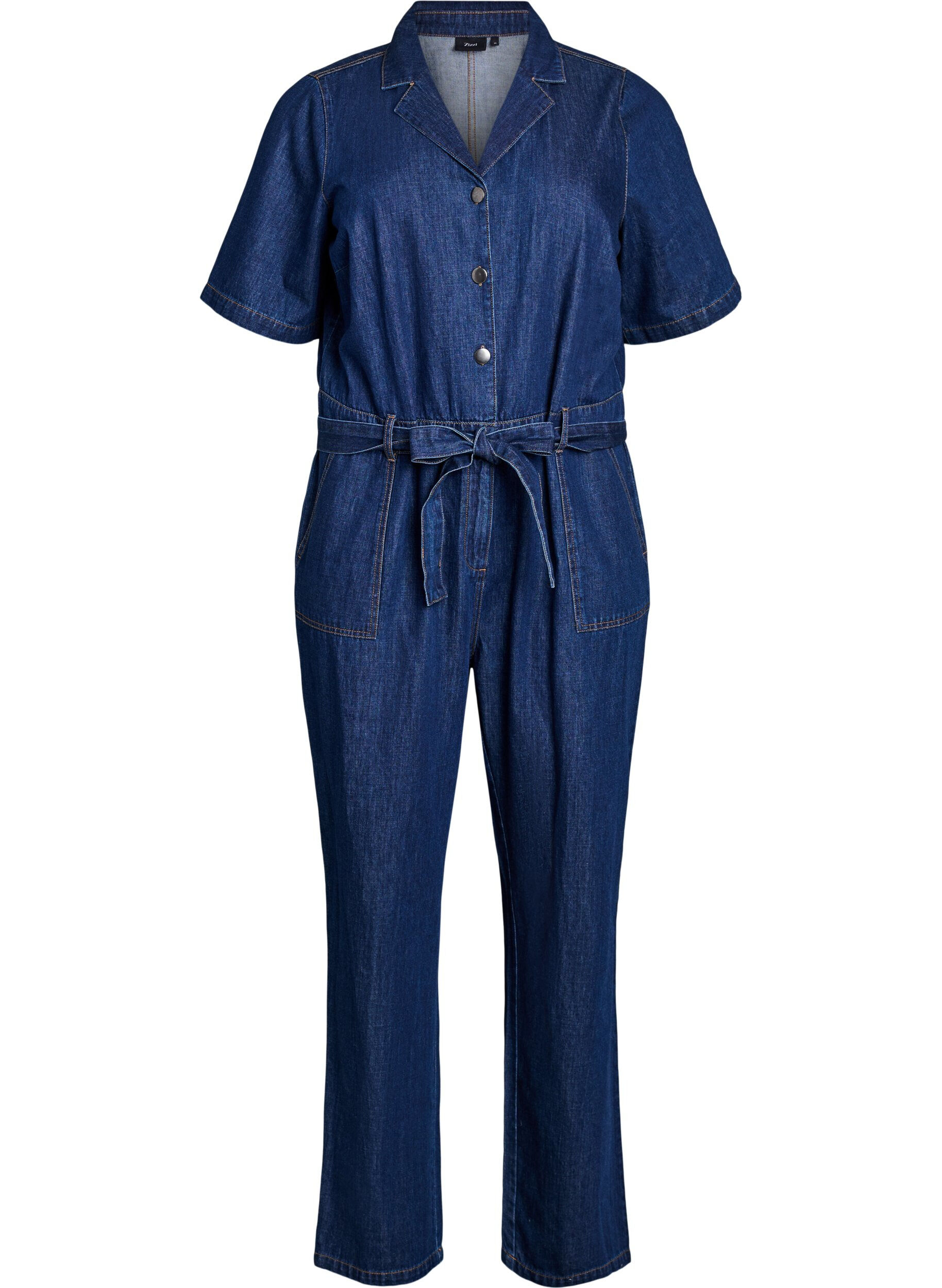 ZizziDenim jumpsuit met korte mouwen en een strikceintuur, Blauw, Packshot image number 0