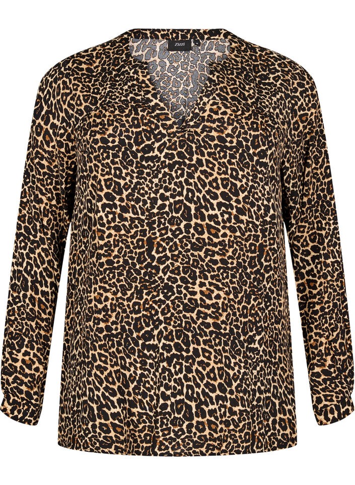 Blouse met lange mouwen, print en V-hals, Bruin, Packshot image number 0