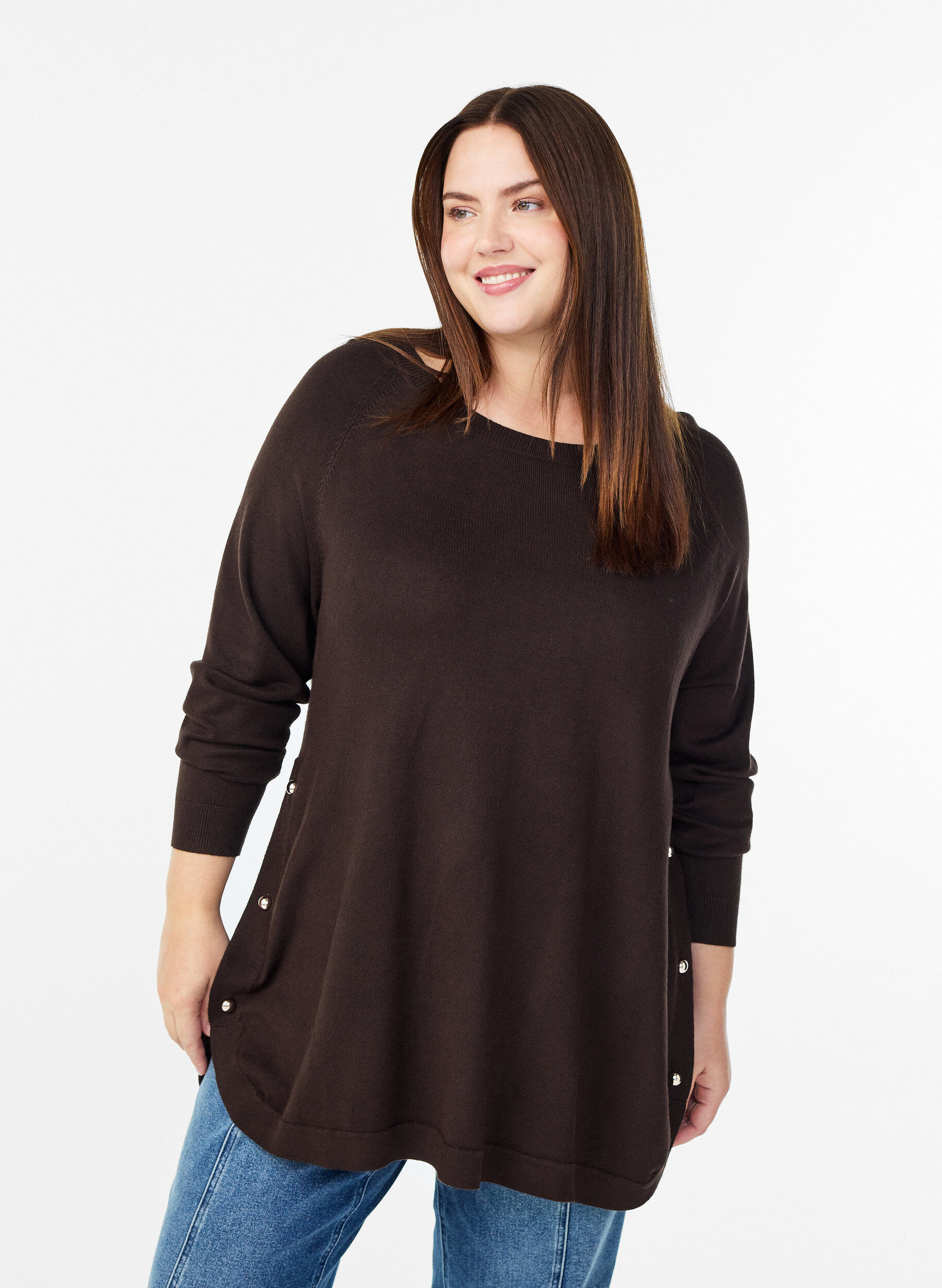 Gebreide blouse met knoopsluiting aan de zijkant, Bruin, Model