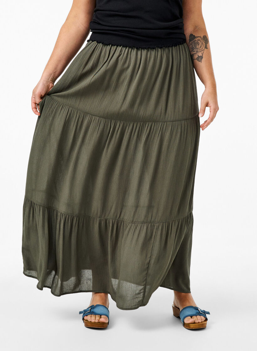 Lange rok met elastiek in de taille, Groen, Model image number 2