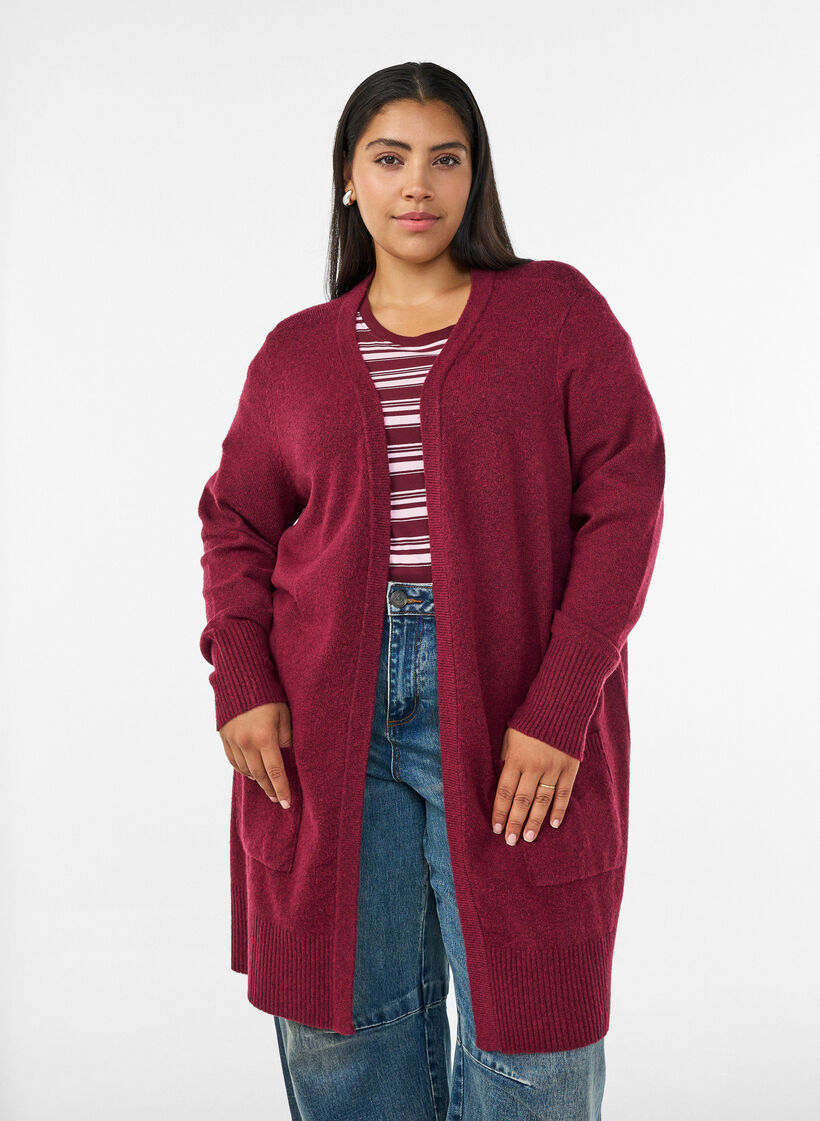 Geribd gebreid vest met zakken, Rood, Model image number 0