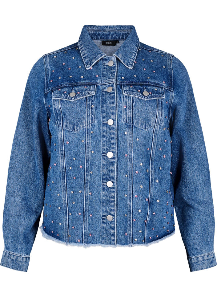 Denimjack met strasssteentjes en een rauwe zoom, Blue Denim, Packshot