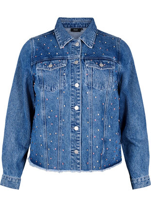 ZizziDenimjack met strasssteentjes en een rauwe zoom, Blue Denim, Packshot image number 0