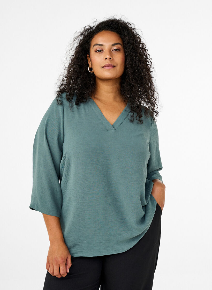 Blouse &agrave; manches 3/4, Vert fonc&eacute;, Model image number 0