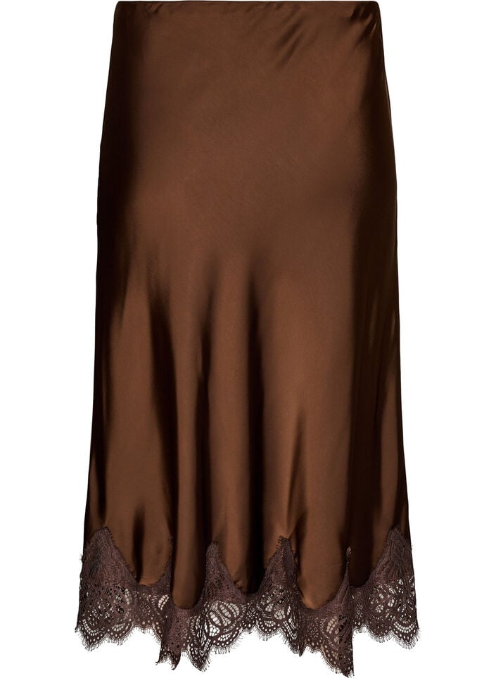 Midi satijnen rok met kanten afwerking, Bruin, Packshot image number 1