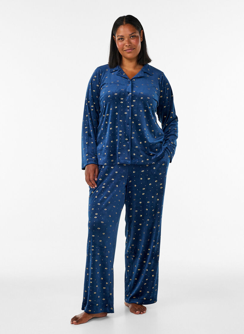 Velour pyjamashirt met een all-over print, Blauw, Model image number 1