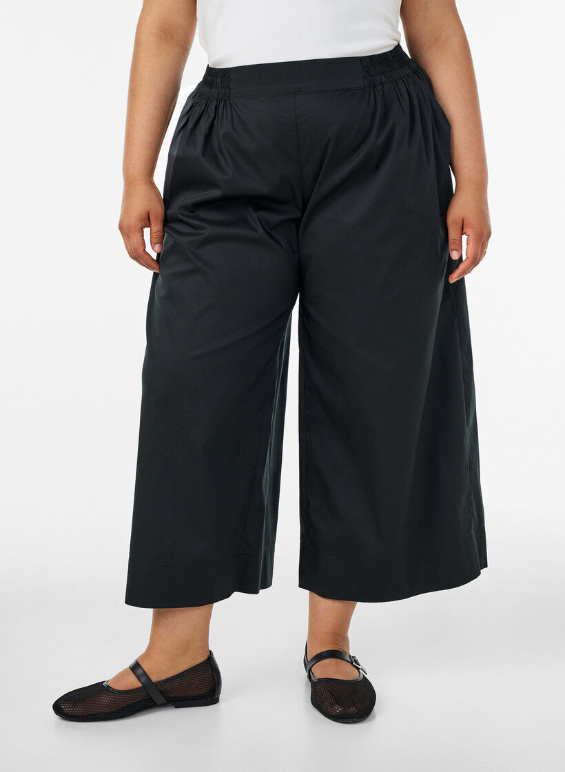 Culottes met een elastische tailleband en wijde pijpen, Zwart, Model image number 2