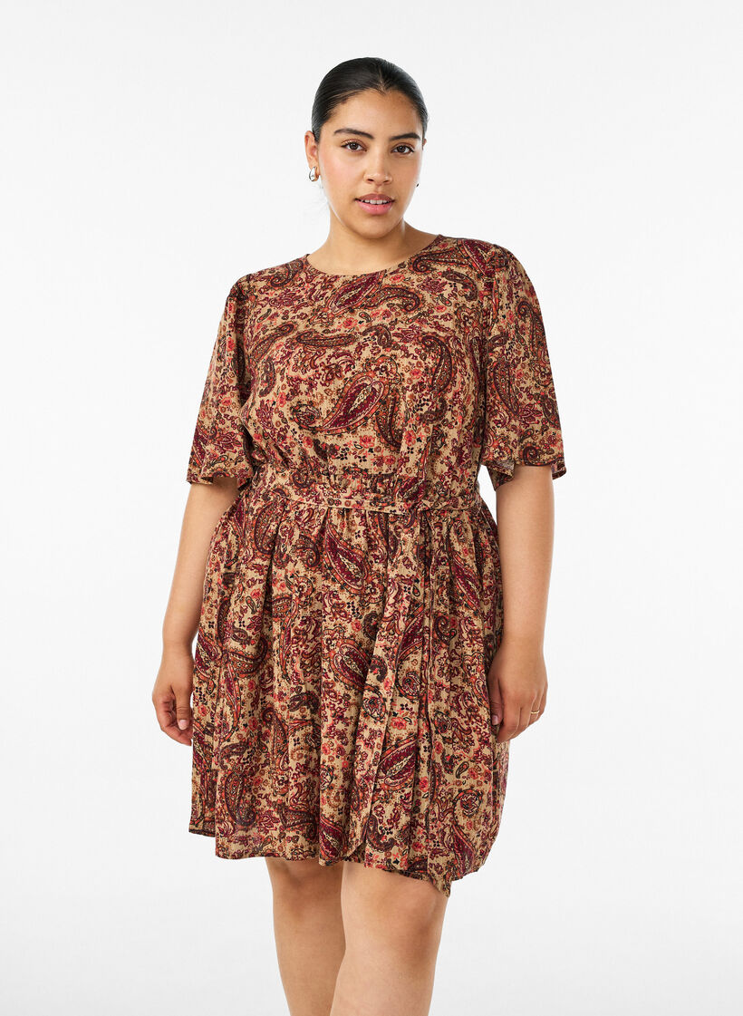 Robe &agrave; imprim&eacute; cachemire et ceinture &agrave; nouer, Marron, Model image number 0
