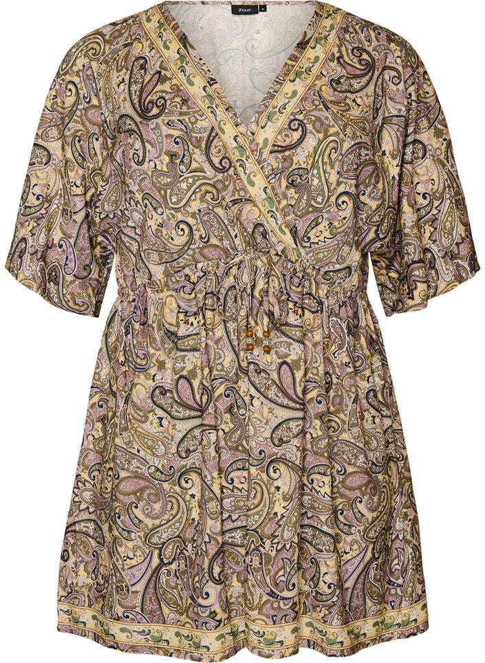 Viscose tuniek met paisleyprint en aantrekkoord, Geel, Packshot image number 0