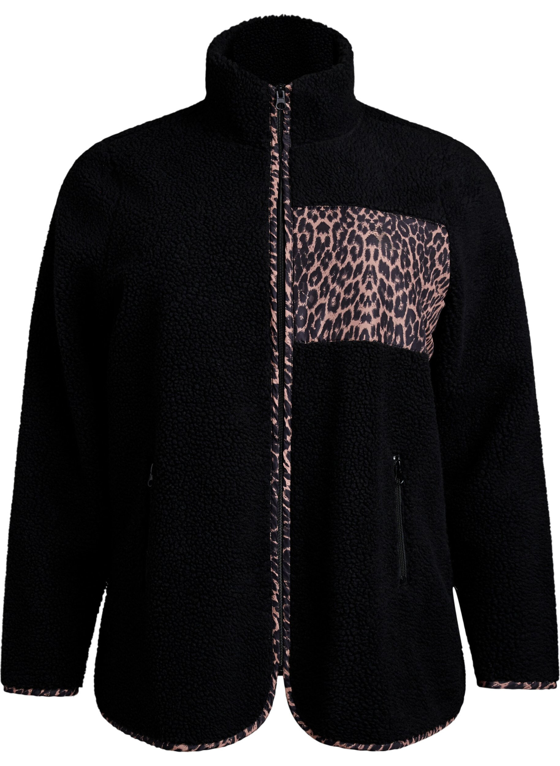 ZizziTeddy-fleece jas met luipaarddetails, Zwart, Packshot image number 0