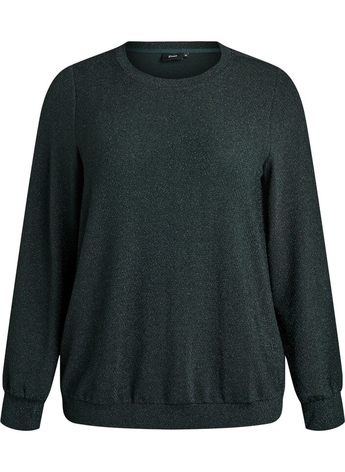 Blouse met visgraatpatroon en glinsterend garen, Groen, Packshot image number 0