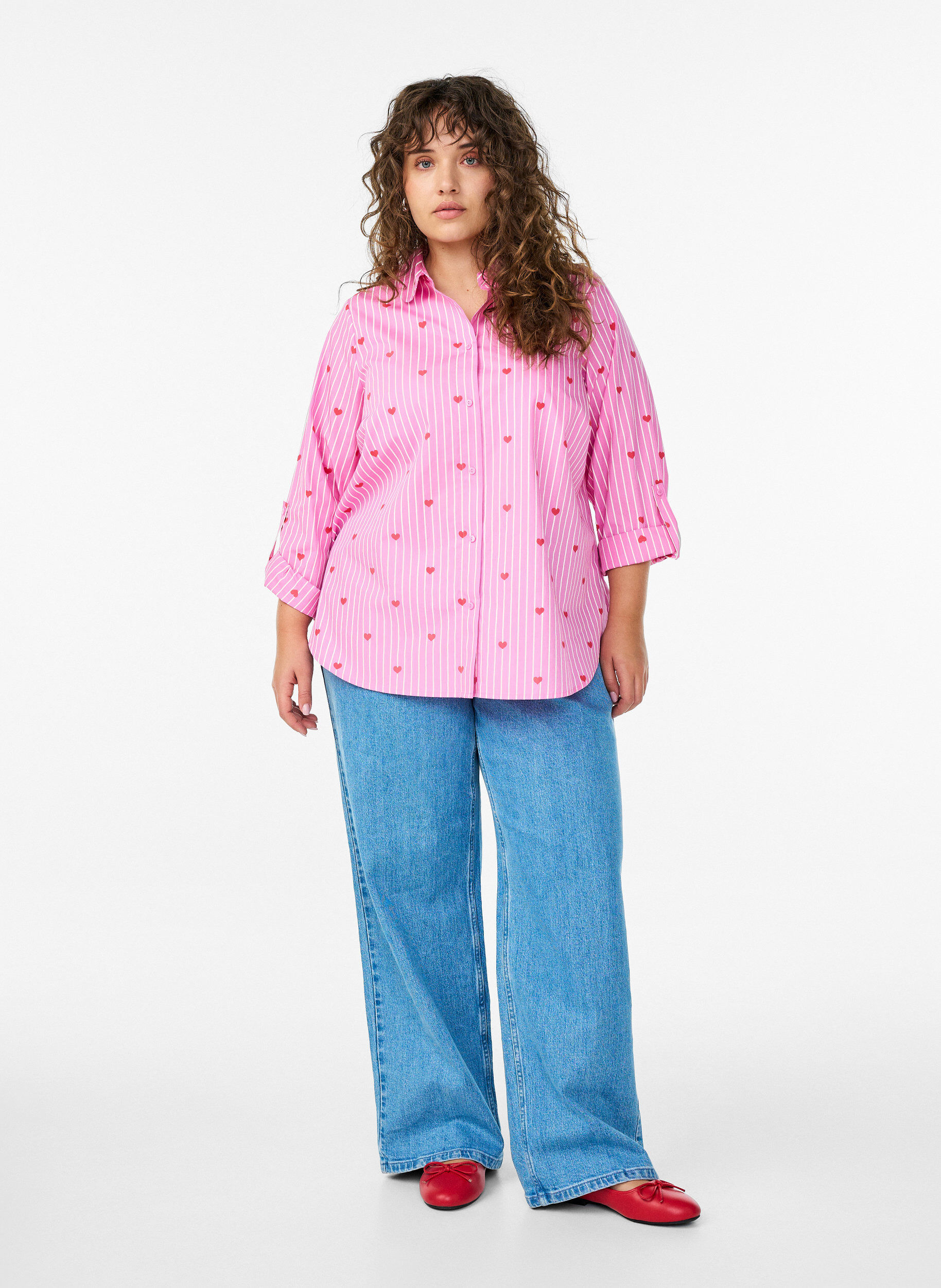 Wide-leg jeans met hoge taille, Blauw, Model