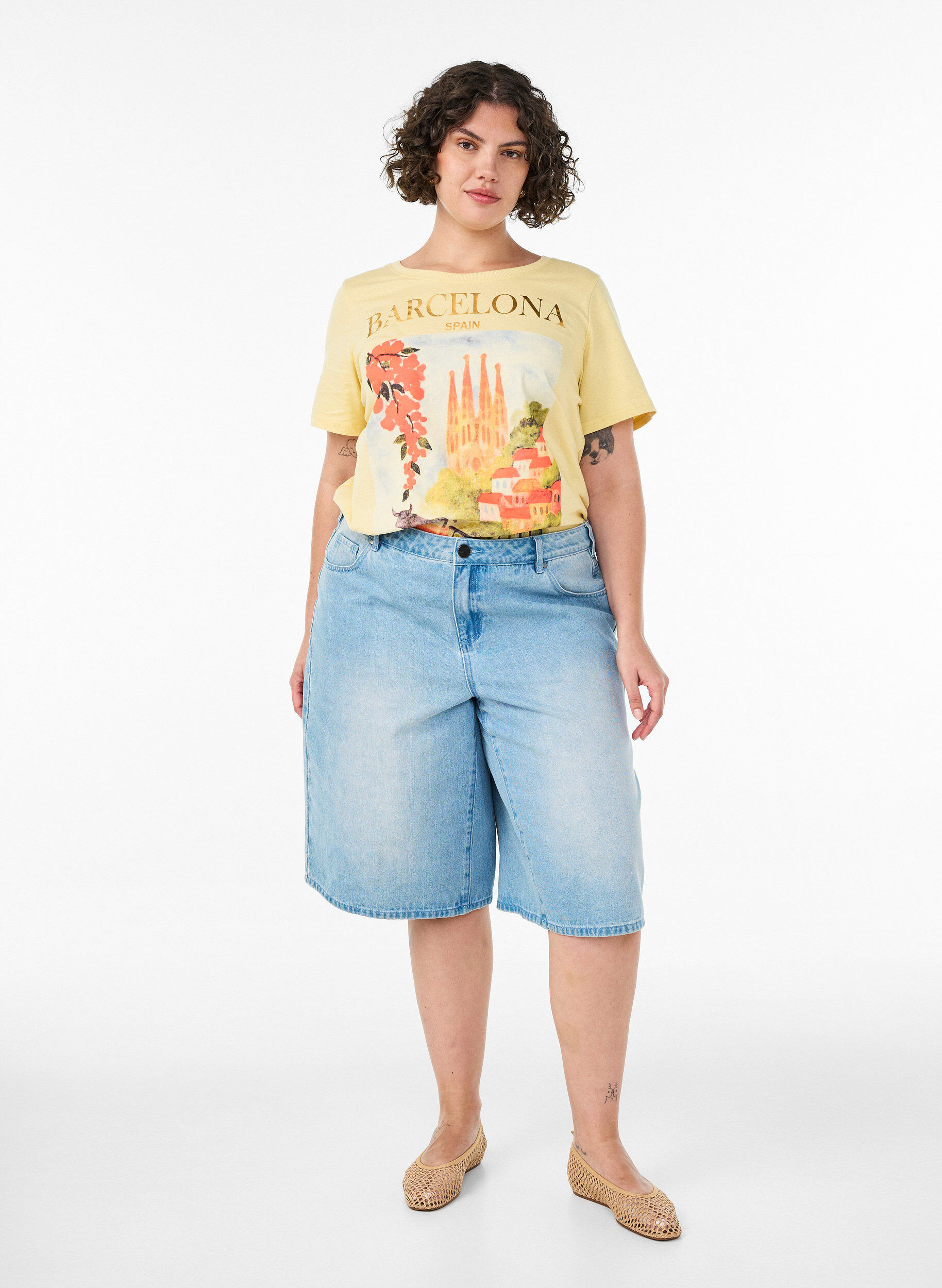 ZizziKatoenen T-shirt met print, Geel, Model image number 1