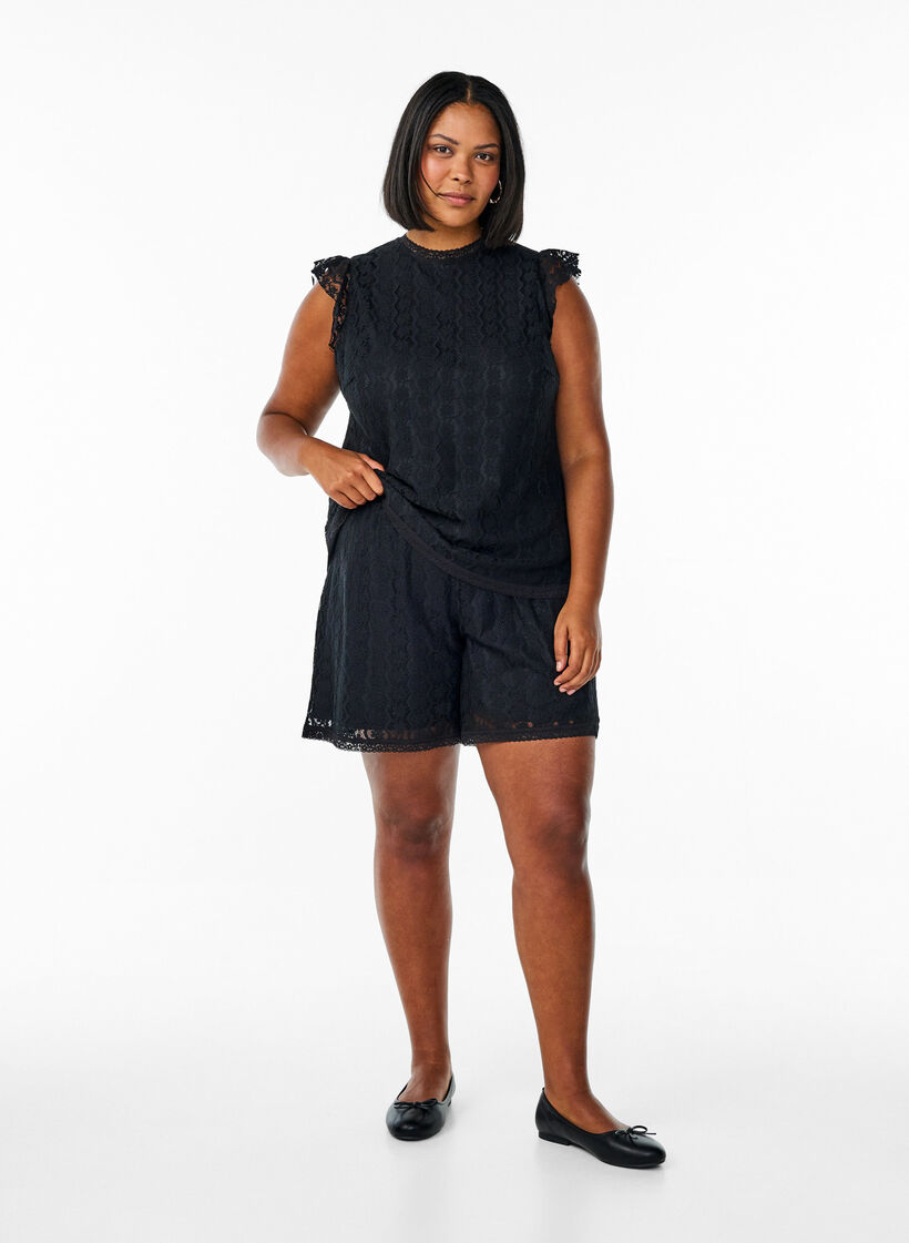 Kanten top met ruchesdetails, Black, Model