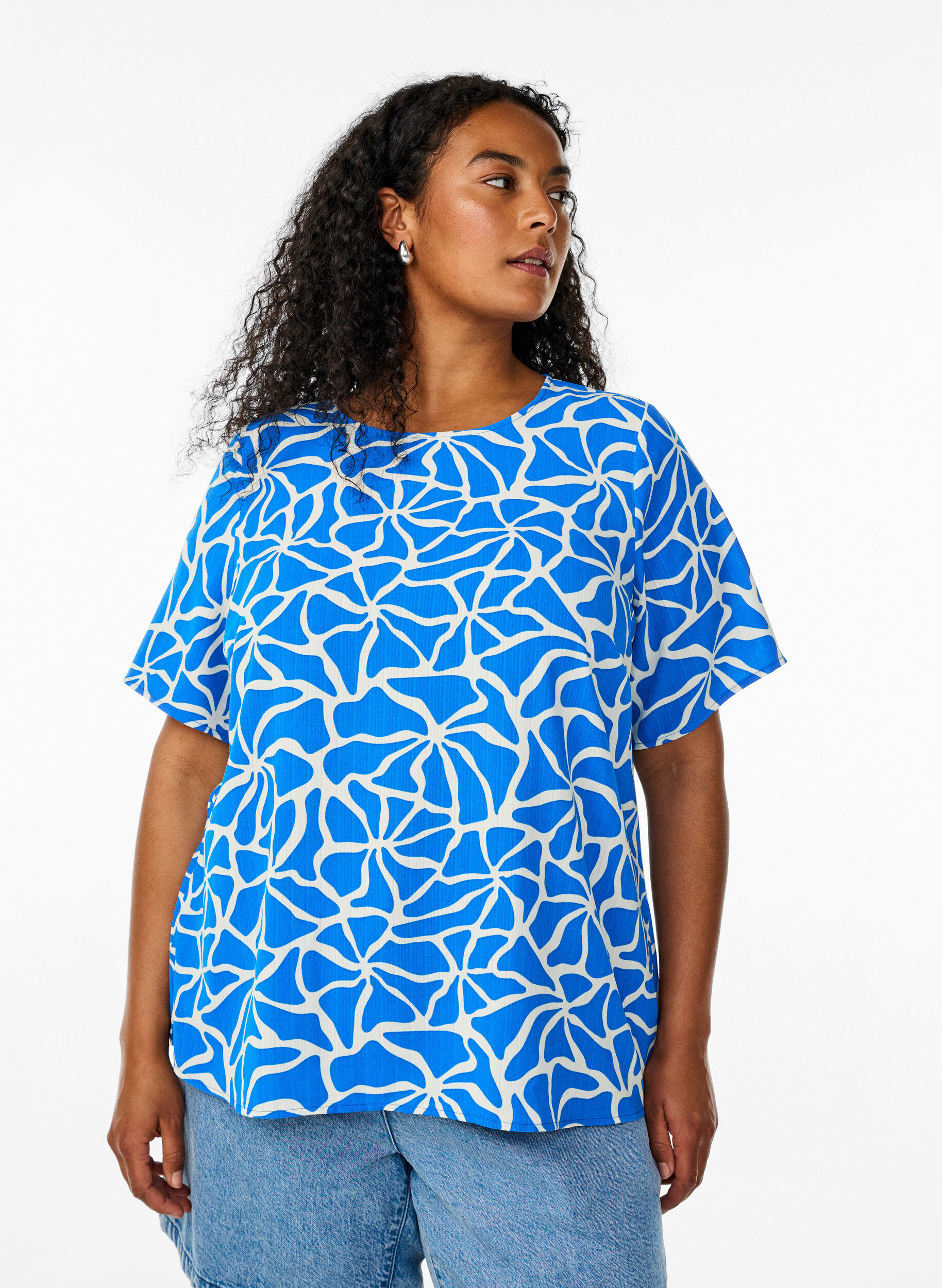 Blouse met korte mouwen en ronde hals, Blauw, Model