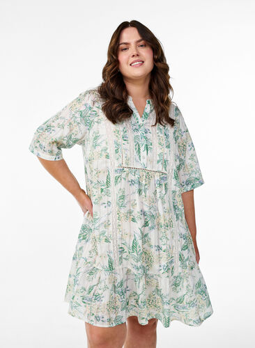 ZizziKorte viscose jurk met kanten afwerking en een A-lijn snit, Wit, Model image number 0