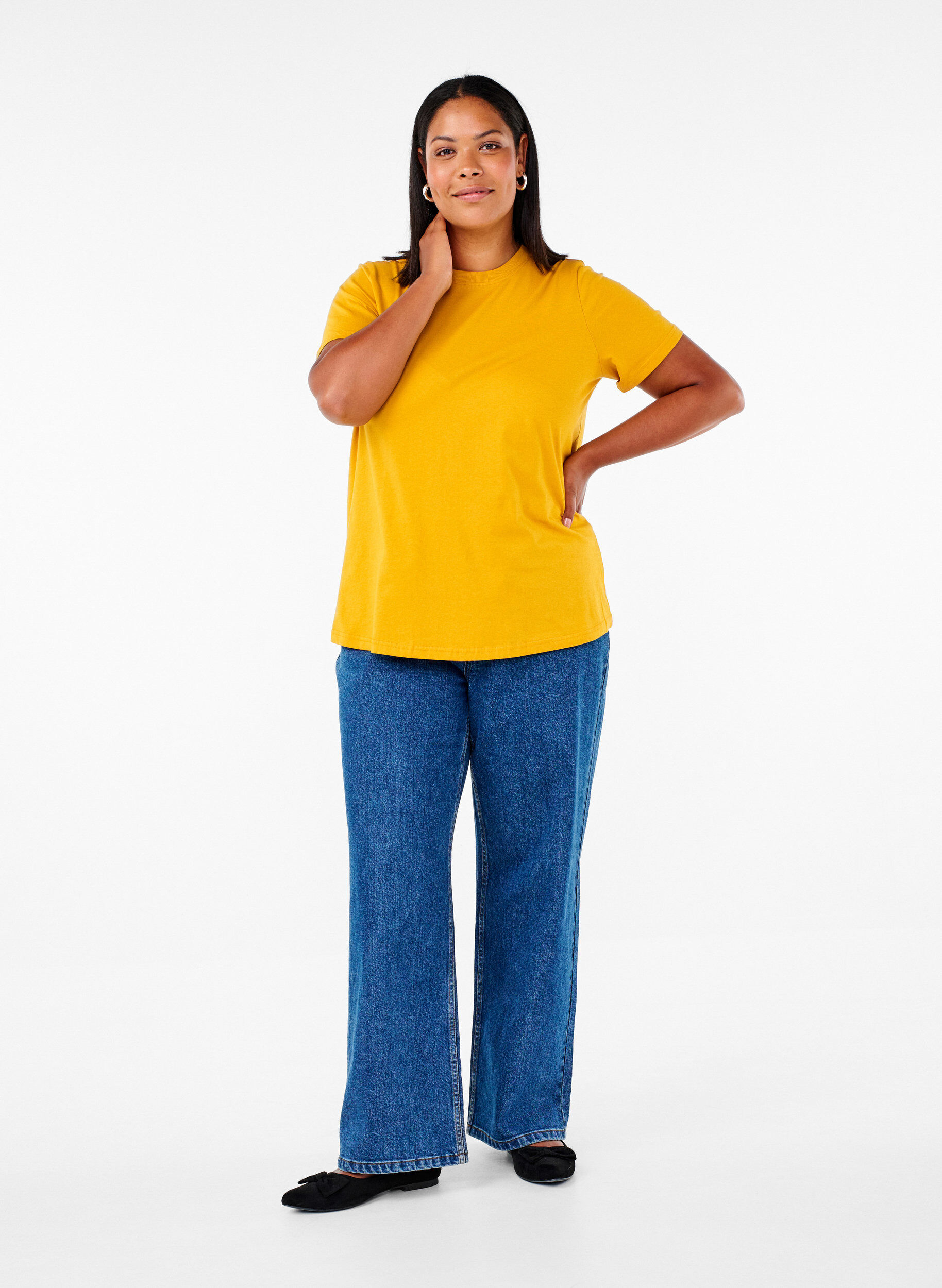ZizziBasic katoenen T-shirt met ronde hals, Geel, Model image number 1