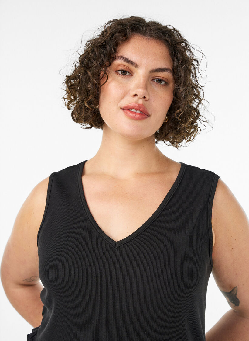 Mouwloze katoenen midi-jurk met rib en mousseline, Zwart, Model image number 2