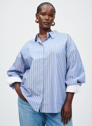 ZizziGestreept shirt met contrasterende manchetten, Blue w. White Stripe, Image image number 0