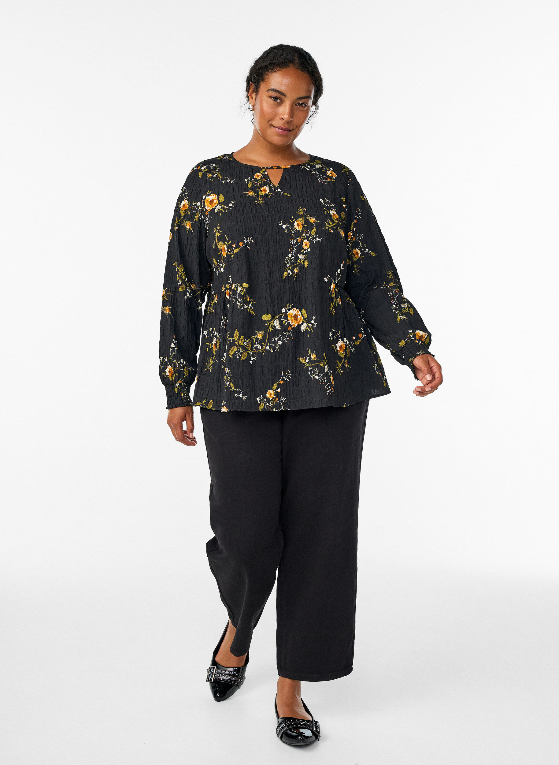 ZizziBlouse met lange mouwen en bloemenprint, Zwart, Model image number 1