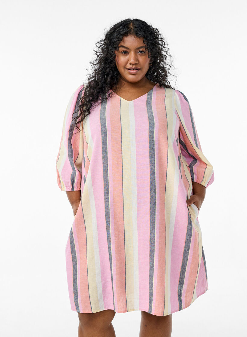 Korte jurk in linnen en viscose met 3/4 mouwen, Geel, Model image number 0