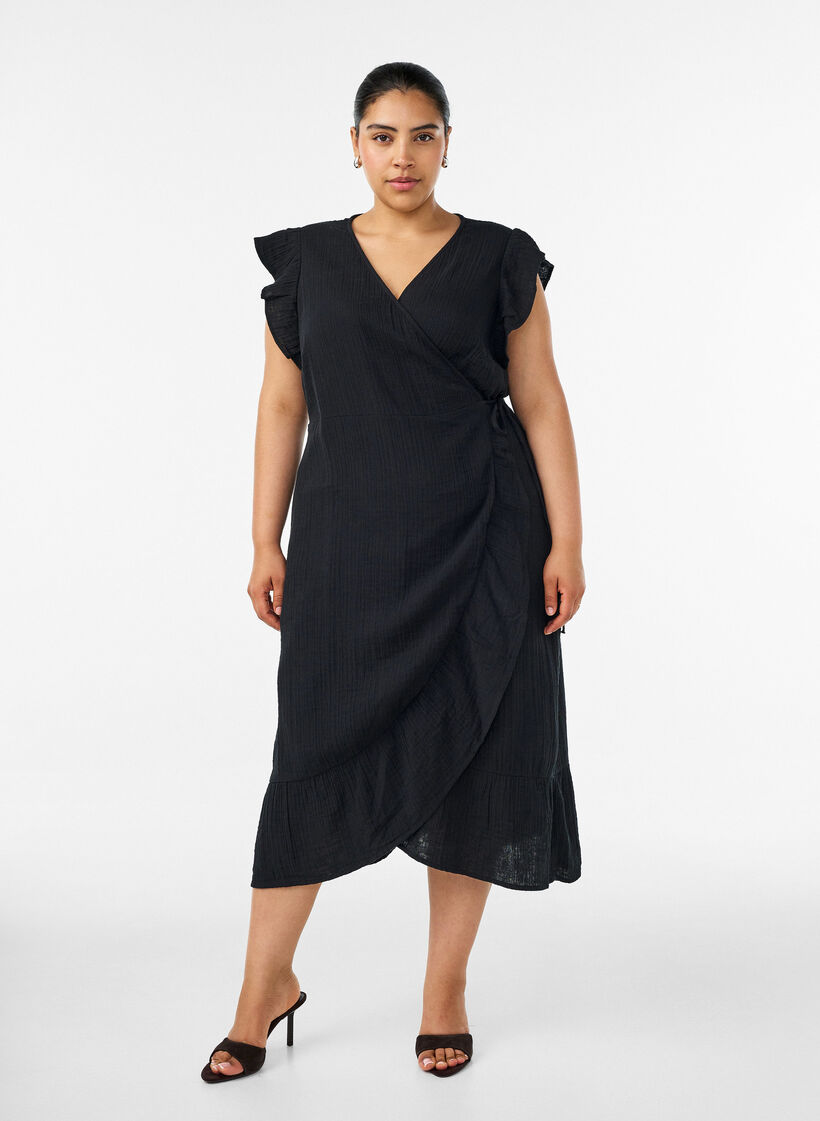 Robe portefeuille en mousseline de coton avec volants, Noir, Model image number 0
