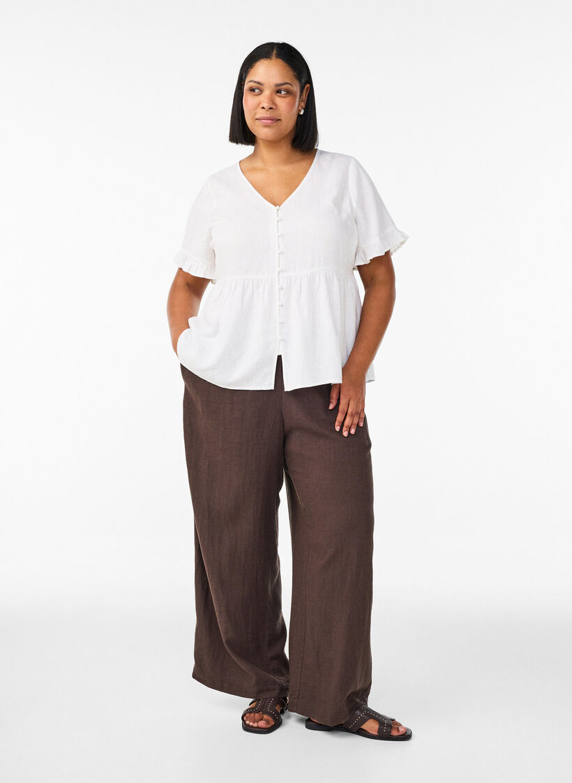 Pantalon large en lin et viscose, Marron, Model image number 0