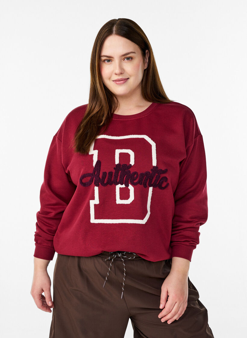 Sweatshirt met badstof tekst, Donker Bordeaux, Model image number 0