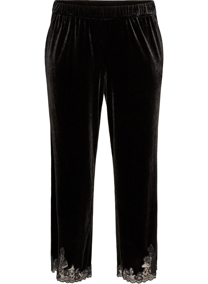 Fluwelen broek met kanten rand en wijde pijpen, Zwart, Packshot image number 0