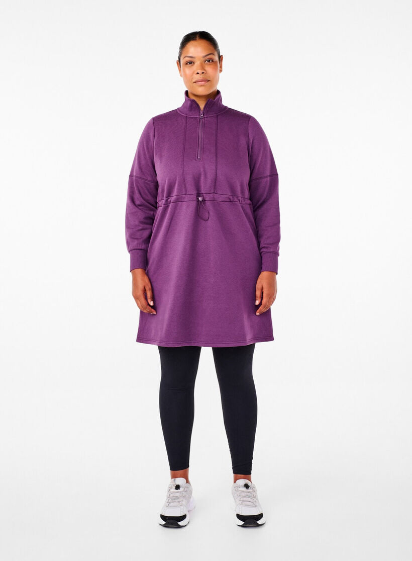 Korte sweatjurk met hoge hals en verstelbare taille, , Model