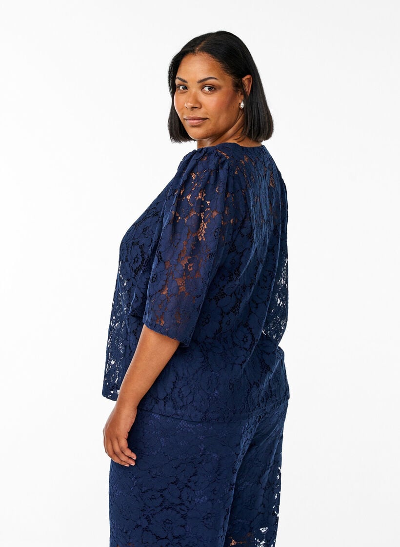 Kanten blouse met 3/4 mouwen en strikjes aan de voorkant, Black Iris, Model